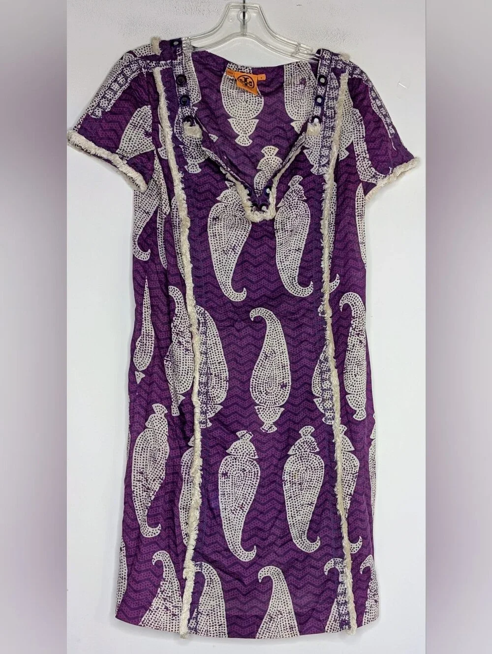 Tory Burch Purple Paisley Print Cotton Tunic Top Mirror Bead Fringe , size 6